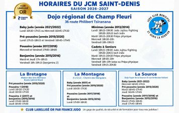 HORAIRES ET LIEUX DES COURS DE JUDO 2026-2027